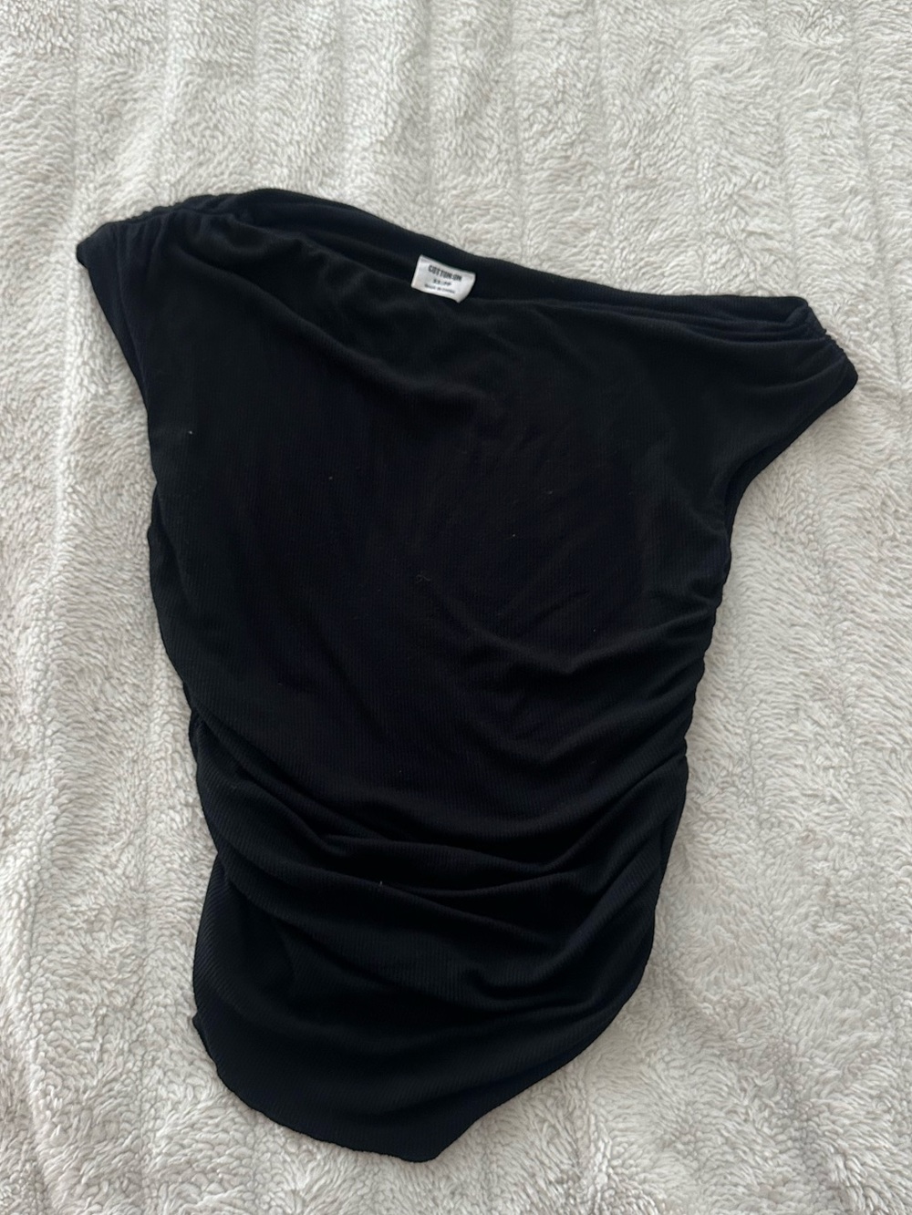 Ribbed Black Off-Shoulder Ruched Top